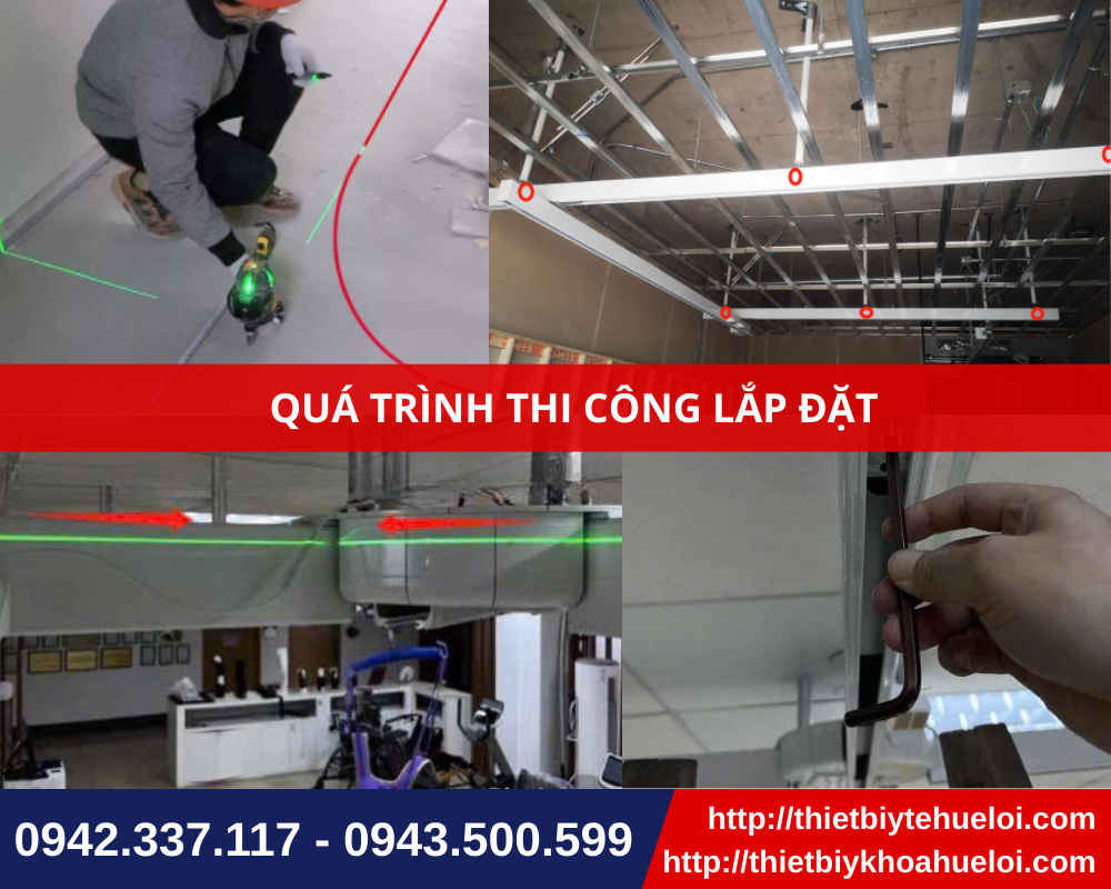 Quá trình thi công hệ thống ray trần hỗ trợ tập đi cho bệnh nhân